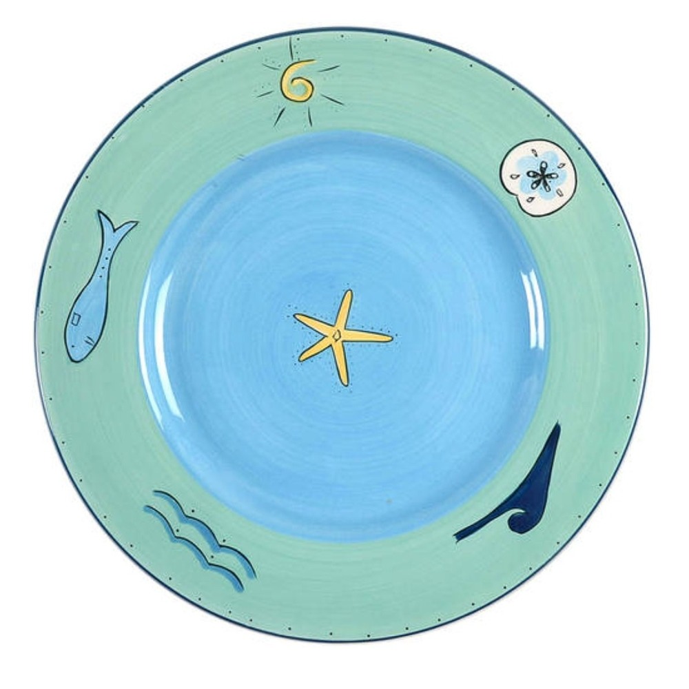 KIC Brushes Coastal Ceramic Dinner Plate with Ocean‎ Motif Hand-Painted Beach